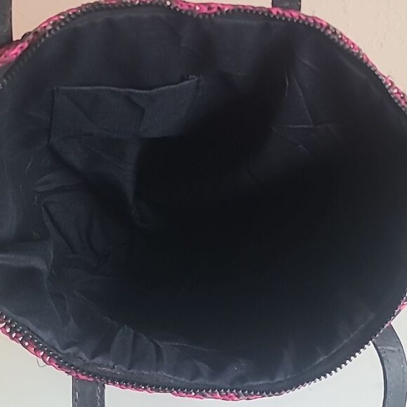 Pink and Black Woven Tote Bag Leather Handles Zip Closure - Picture 11 of 13
